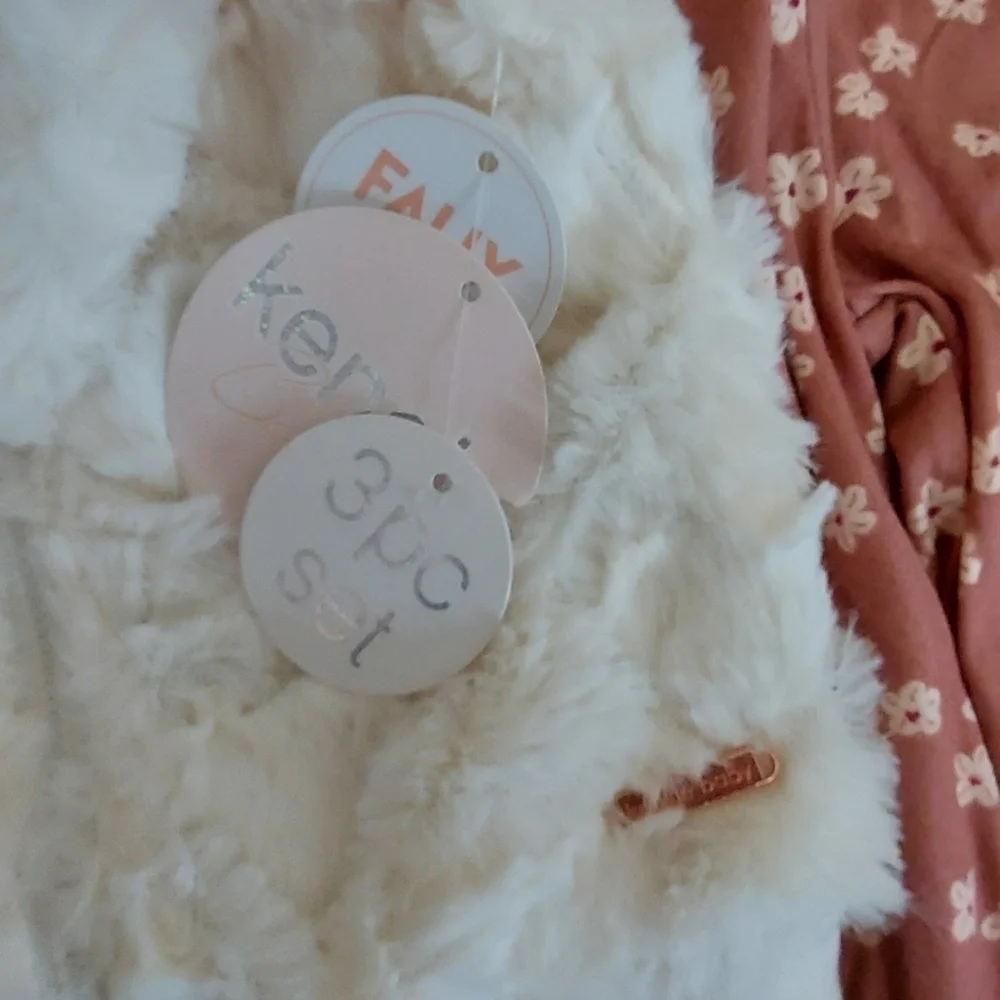 NWT Kensie Baby 3 Pc Pink Bell Sleeve Outfit w/Ivory Faux Fur Bear Jacket ~6/9M